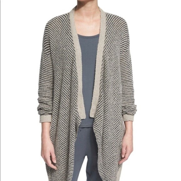 EILEEN Fisher Classic Boucle Stripe Cardi, Taupe/Black Stripe ,Size Medi… - Picture 3 of 8